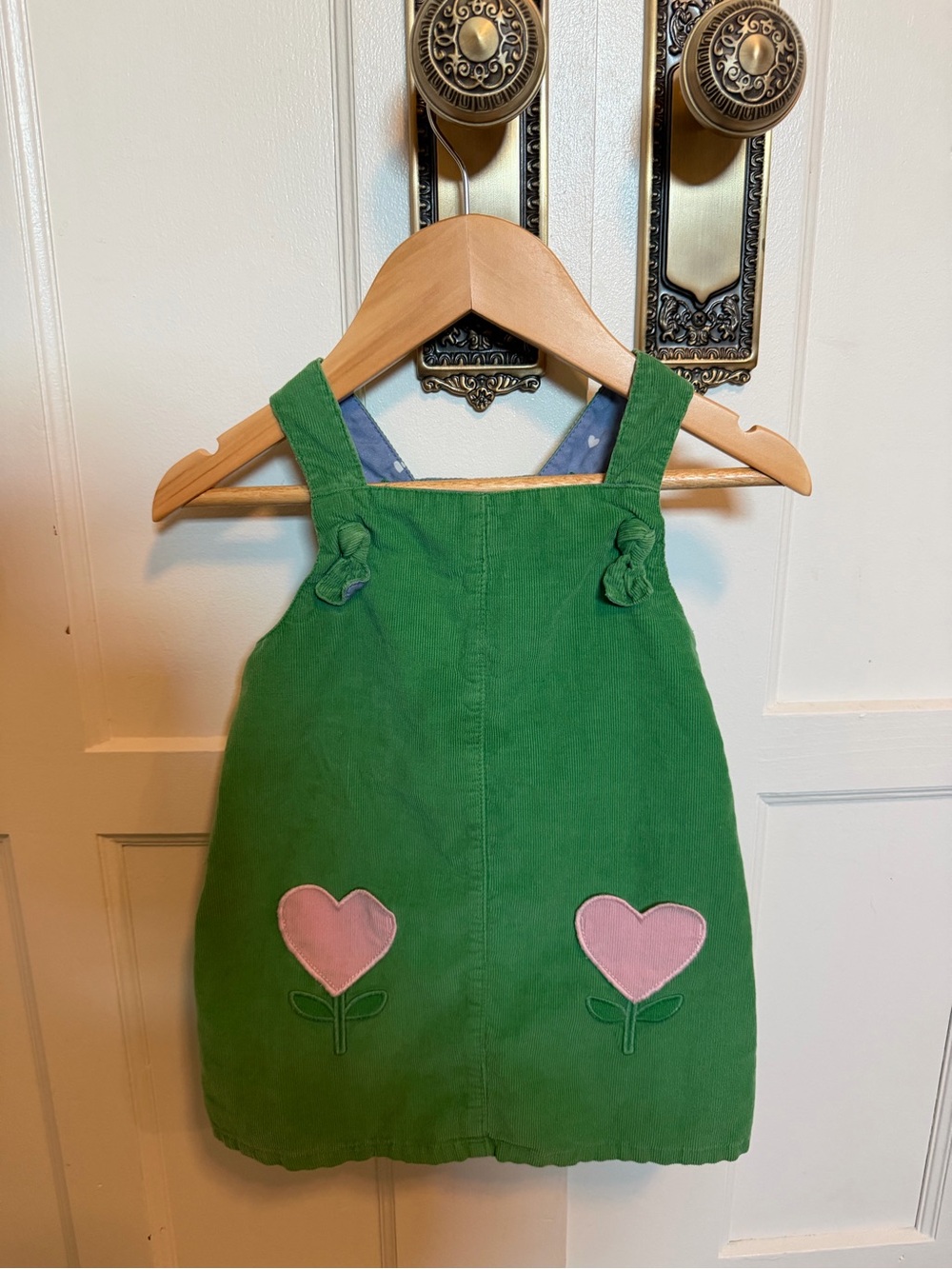 Baby Boden Green Corduroy Dress with Pink Heart Appliqués